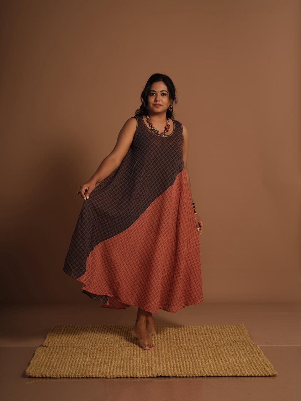 Brown & Rust Checkered Cotton A-Line Maxi Dress | Sleeveless Handcrafted Dress