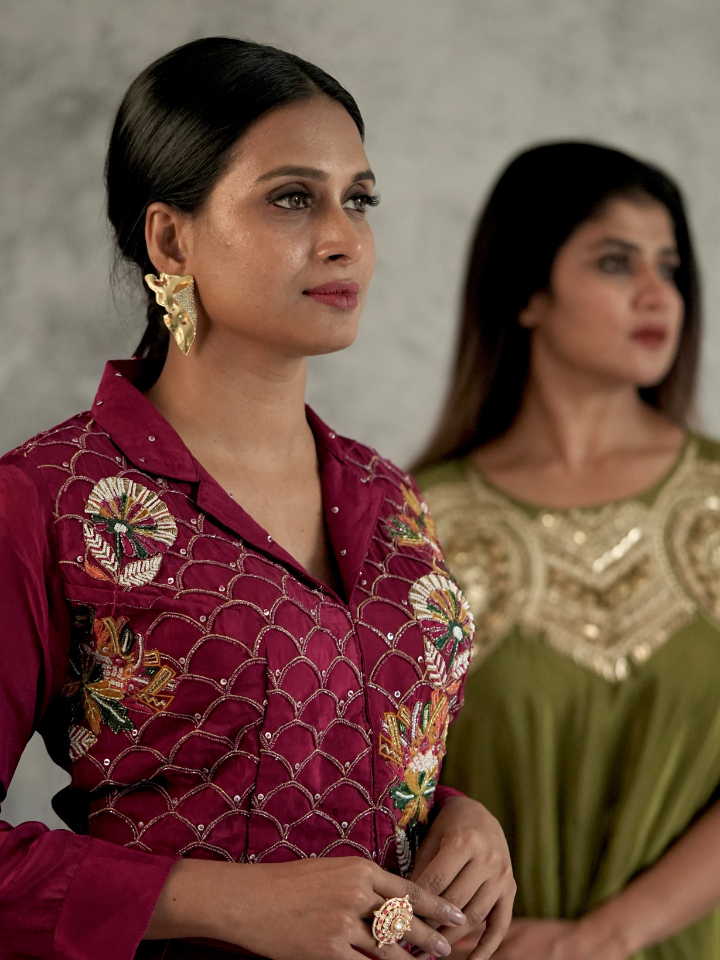 Wine Embroidered Drape Skirt Set