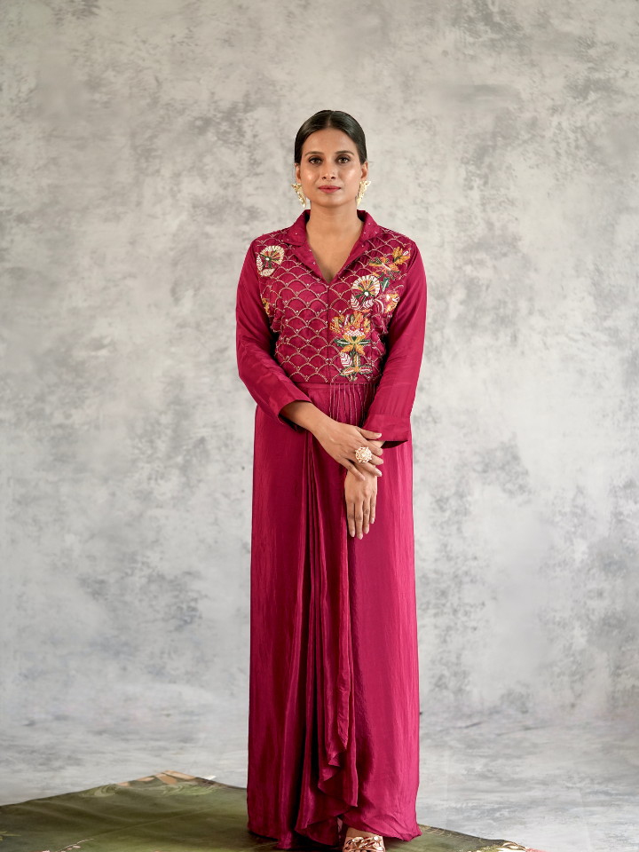 Wine Embroidered Drape Skirt Set