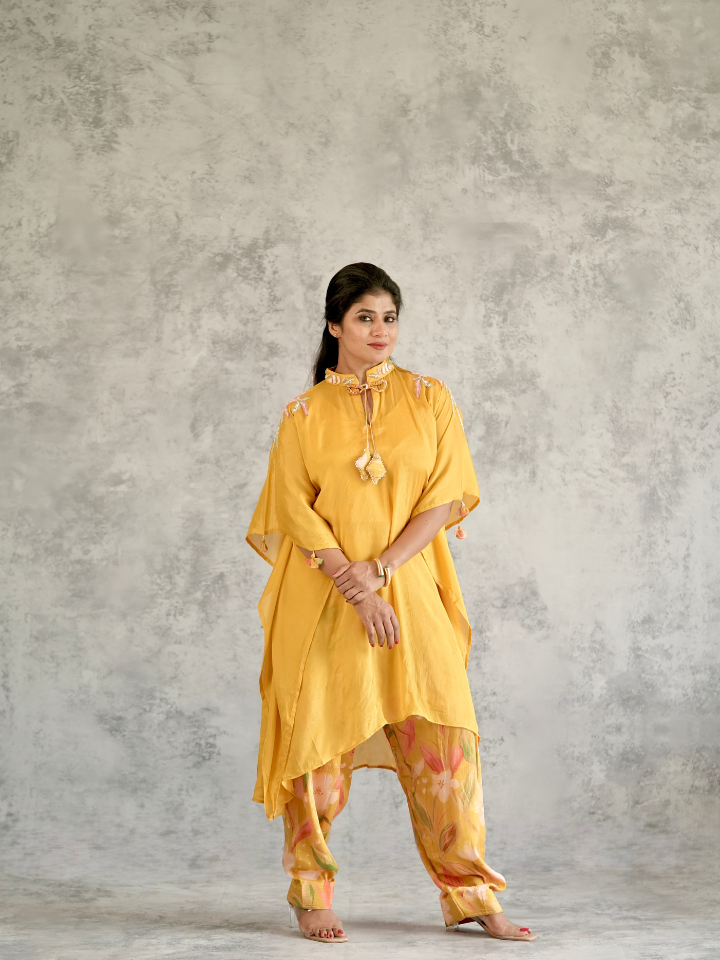 Mustard Embroidered Kaftan Co-ord Set