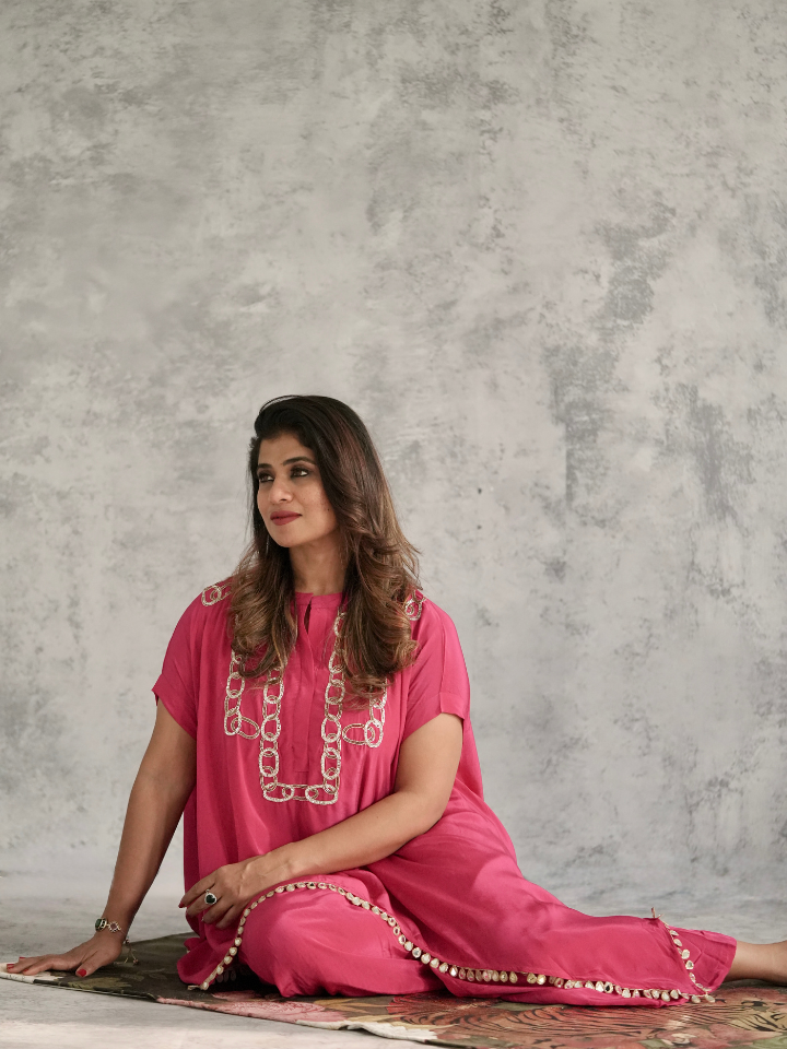 Fuchsia Chain Embellished Kaftan Co-ord Set