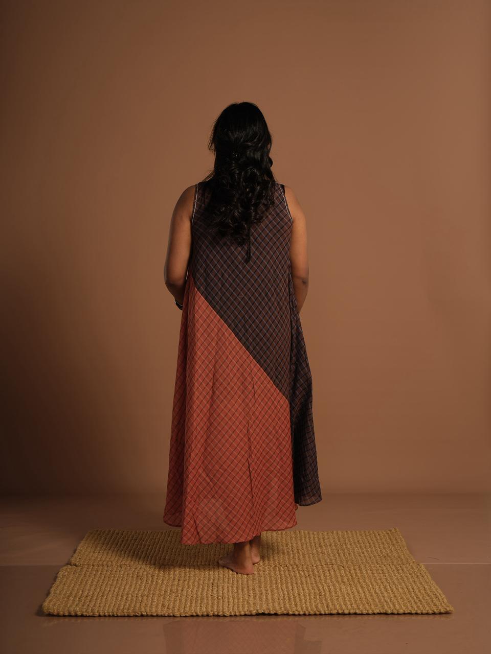 Brown & Rust Checkered Cotton A-Line Maxi Dress | Sleeveless Handcrafted Dress