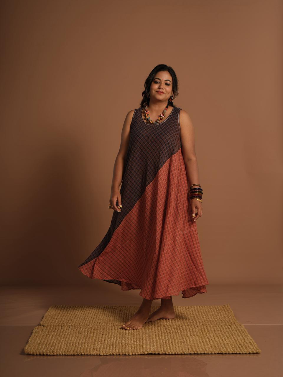 Brown & Rust Checkered Cotton A-Line Maxi Dress | Sleeveless Handcrafted Dress