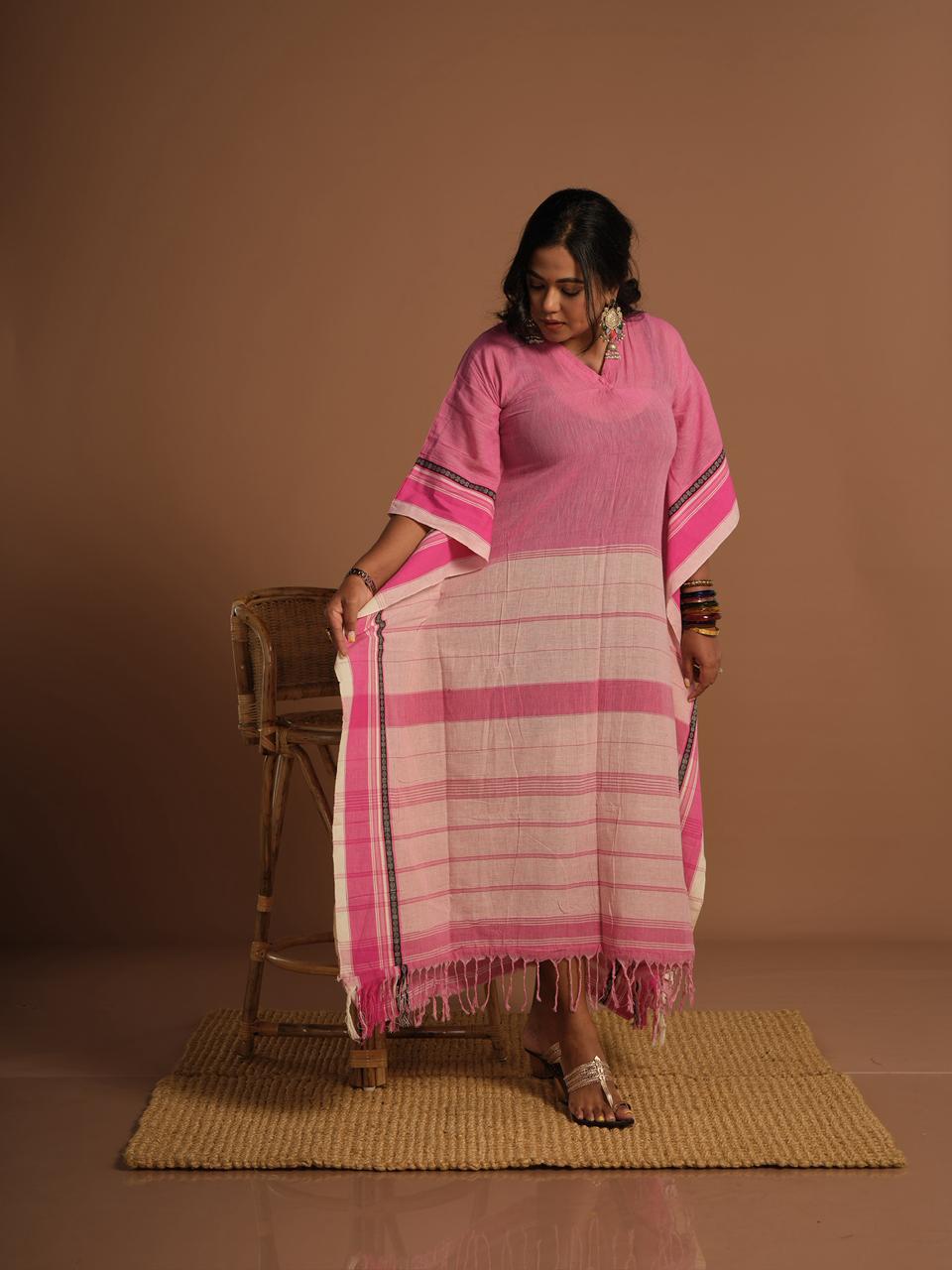 Pink Handwoven Cotton Kaftan Dress for Women | Boho Fringe Maxi Kaftan | Raw & Rare Designs