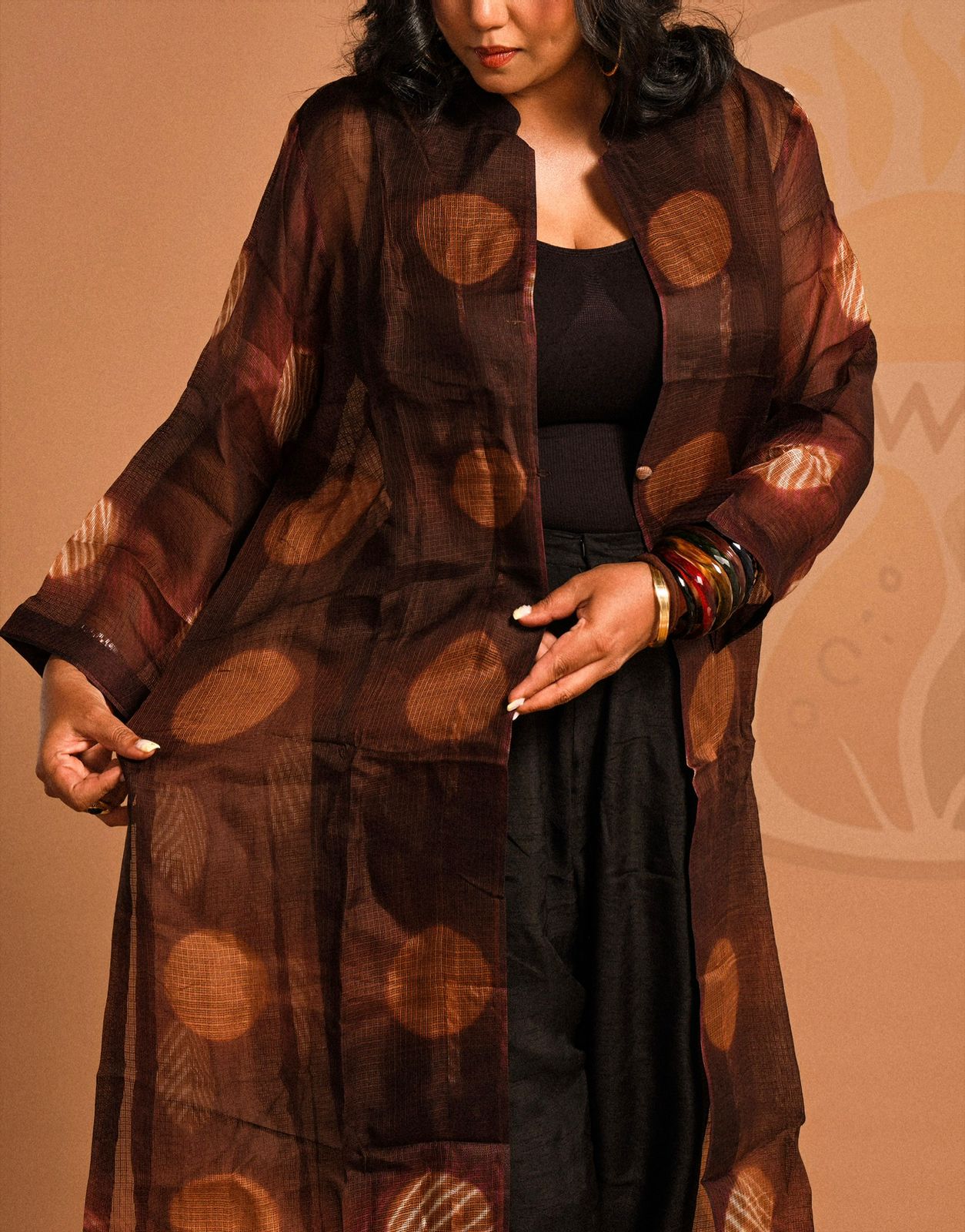 Brown Handcrafted Sheer Cotton Overlay Jacket with Artistic Dot Print