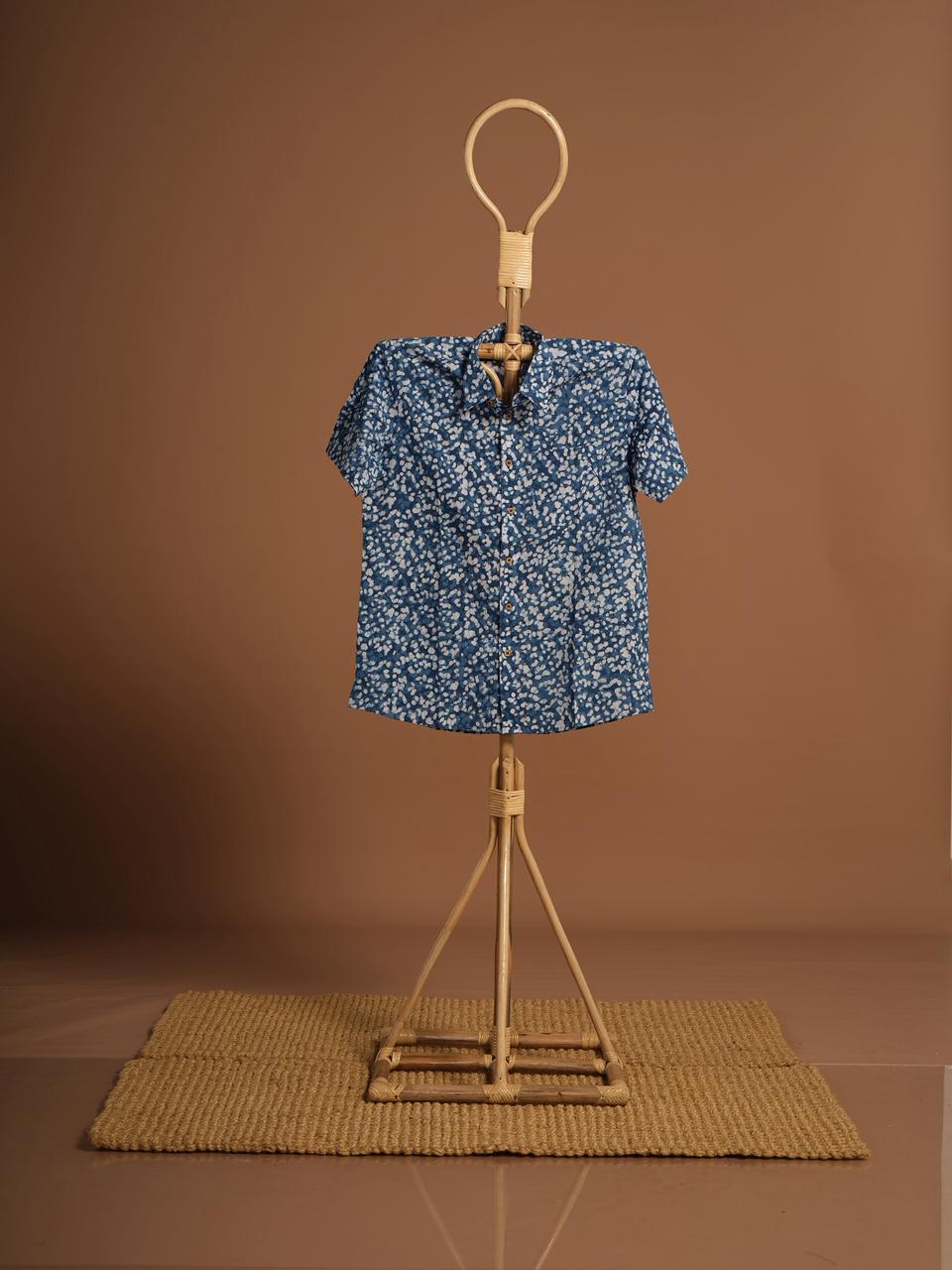 Blue Blossom Hand-Printed Cotton Short Sleeve Shirt for Boys