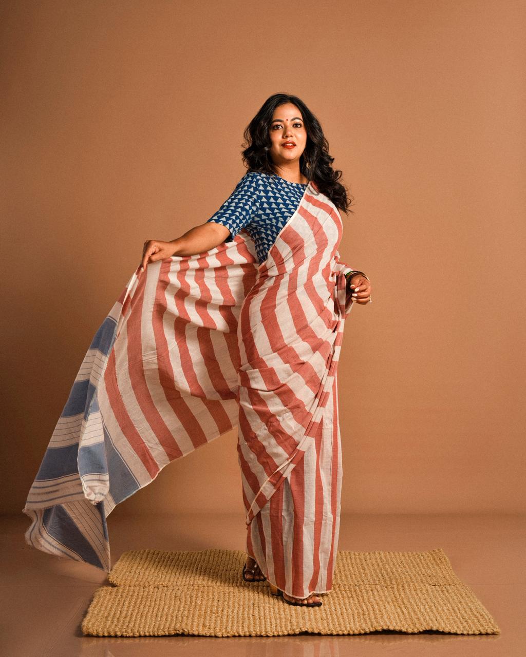 Organic Cotton Handwoven Saree – Red & Indigo Stripe Contemporary Draped Saree