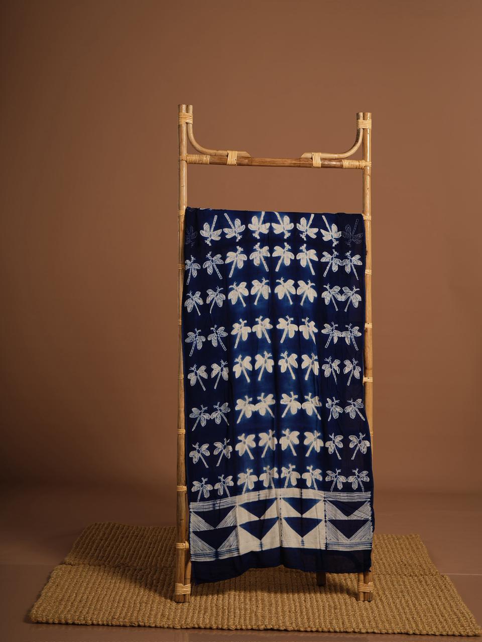 Indigo Blue Hand-Dyed Shibori Dupatta with Dragonfly Motifs