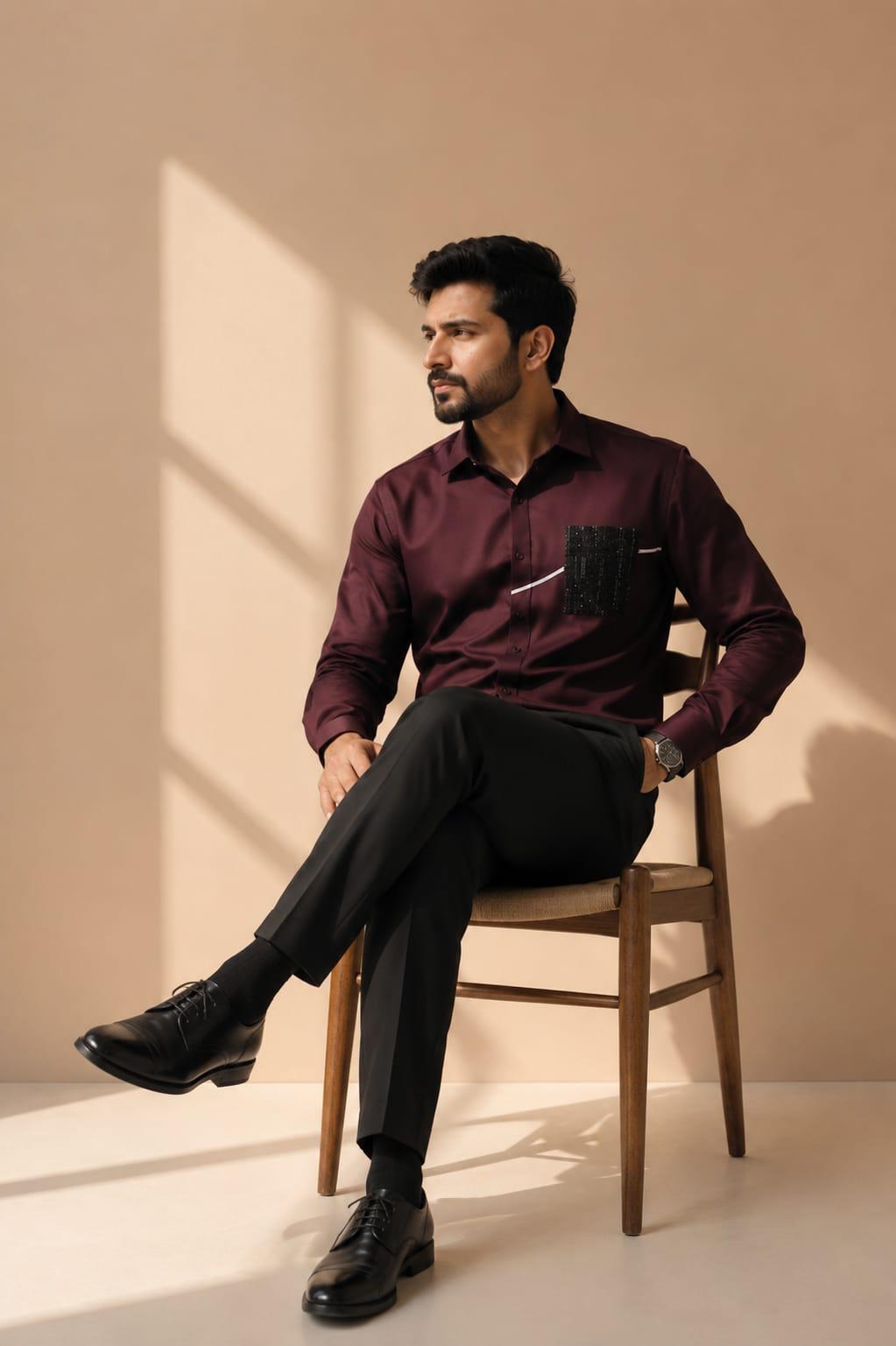 Sequin Accent Contemporary Shirt Wine