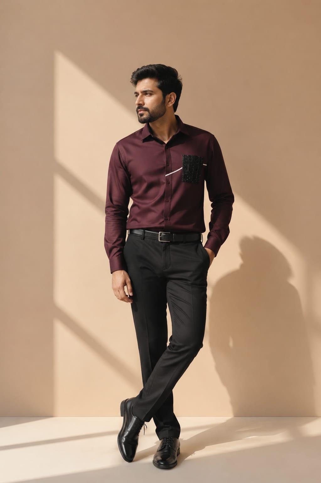 Sequin Accent Contemporary Shirt Wine