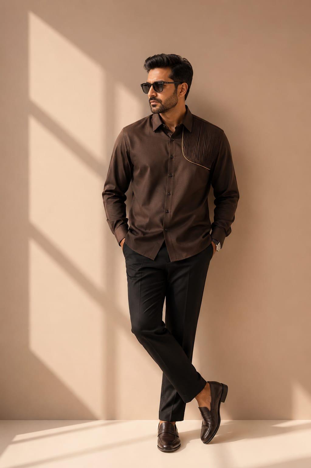 Sequin Accent Contemporary Shirt Brown