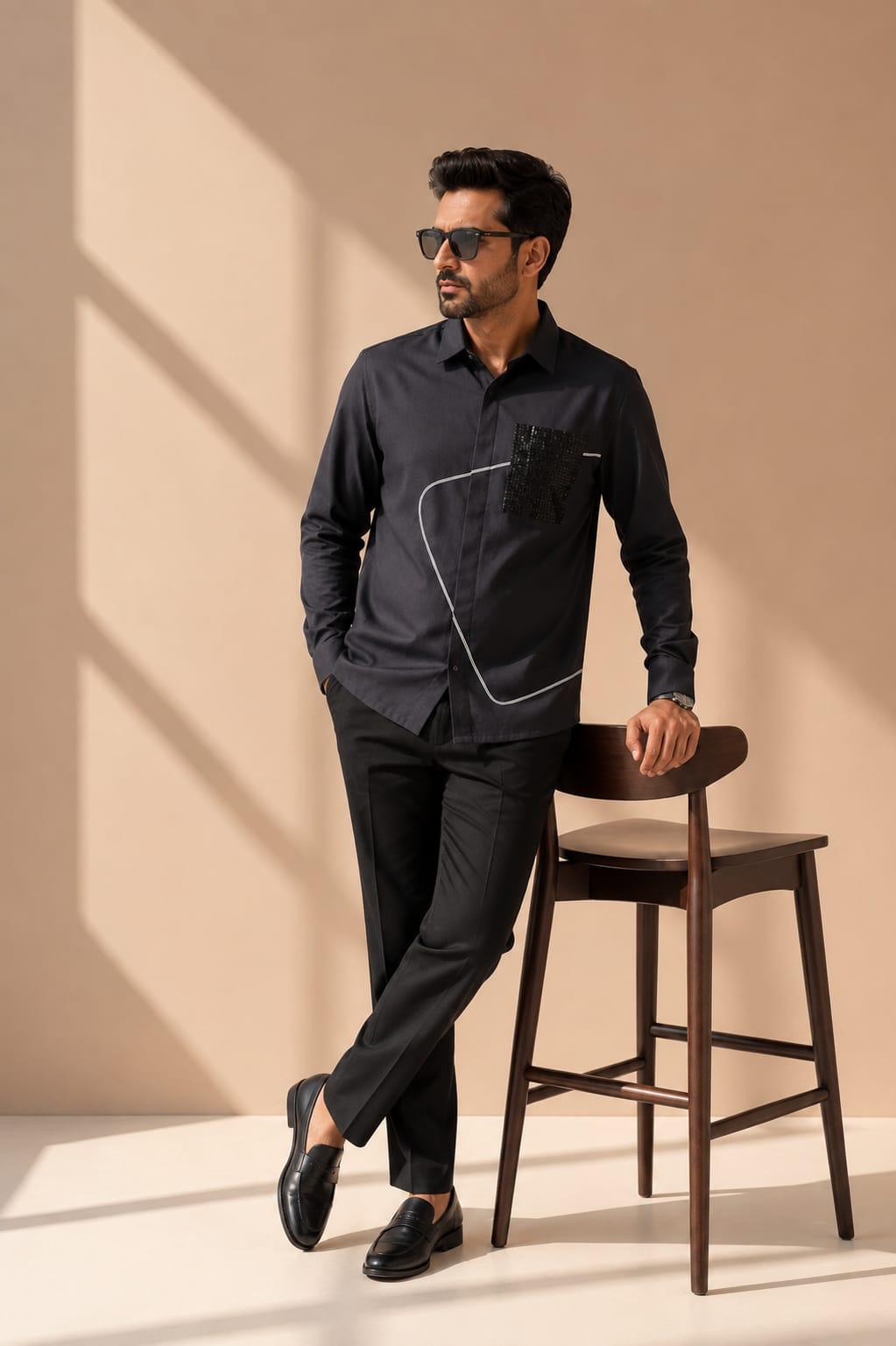 Sequin Accent Contemporary Shirt Black
