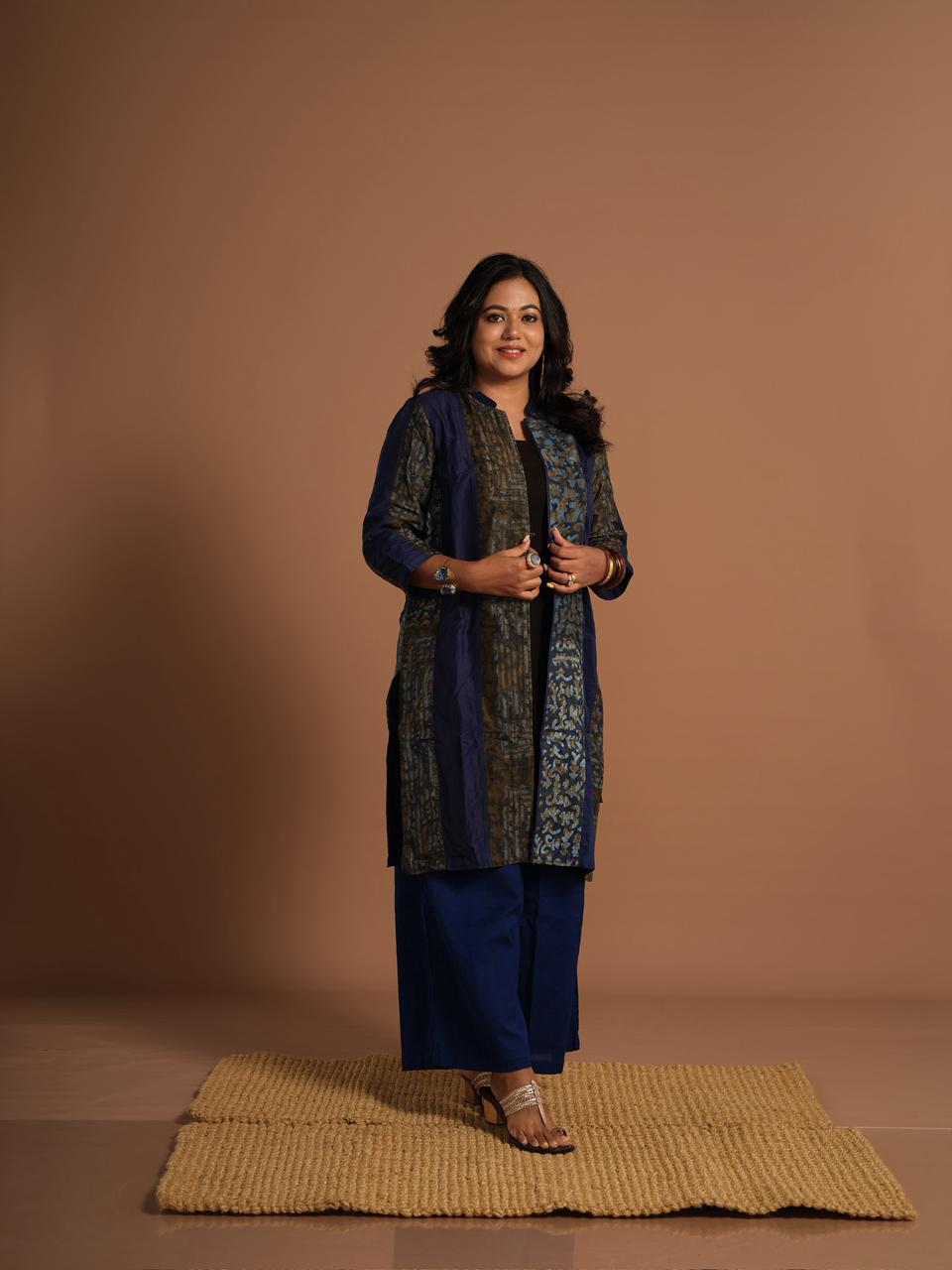 Indigo Blue Handcrafted Printed Cotton Overlay Jacket for Women | Ethnic Layering Shrug | Raw & Rare Designs