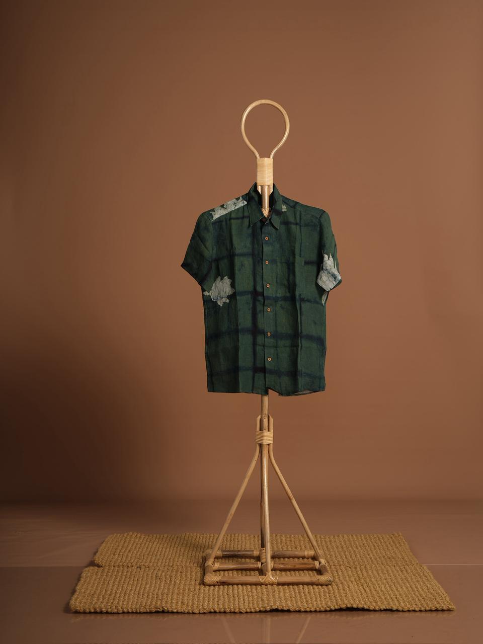 Forest Green Handcrafted Cotton Shirt | Hand-Dyed Check Pattern Shirt | Raw & Rare Designs