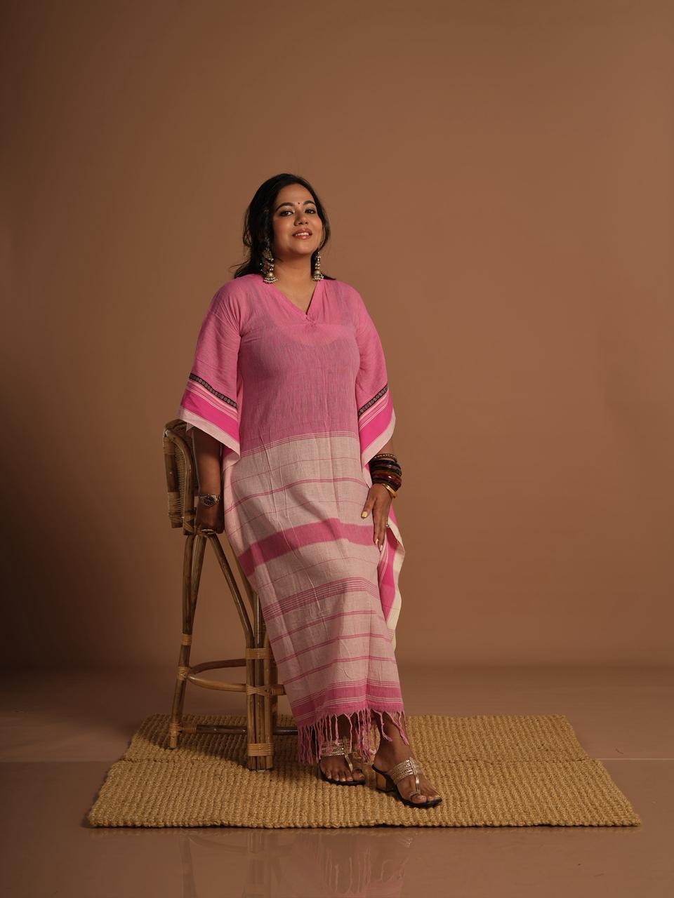 Pink Handwoven Cotton Kaftan Dress for Women | Boho Fringe Maxi Kaftan | Raw & Rare Designs