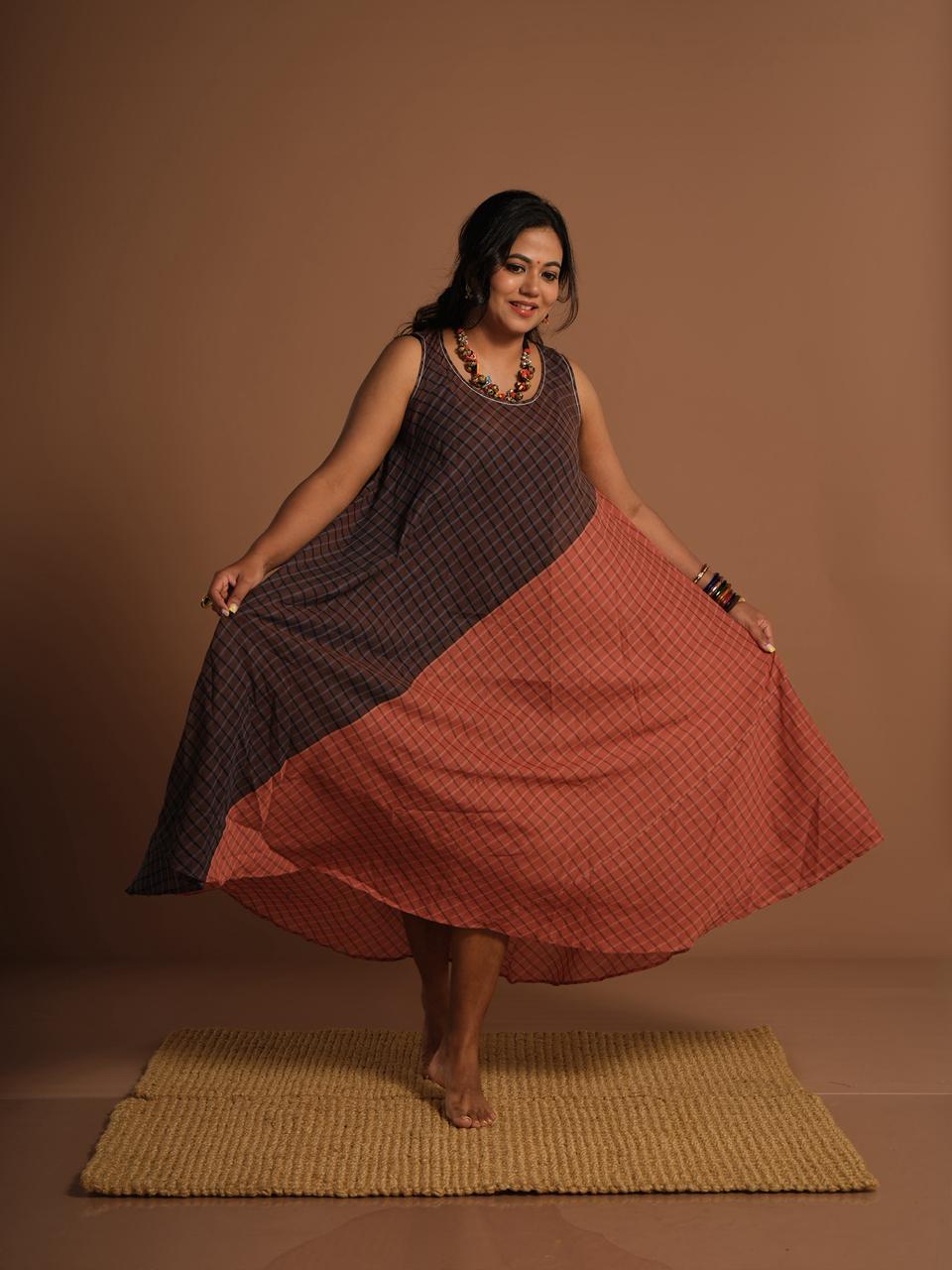 Brown & Rust Checkered Cotton A-Line Maxi Dress | Sleeveless Handcrafted Dress